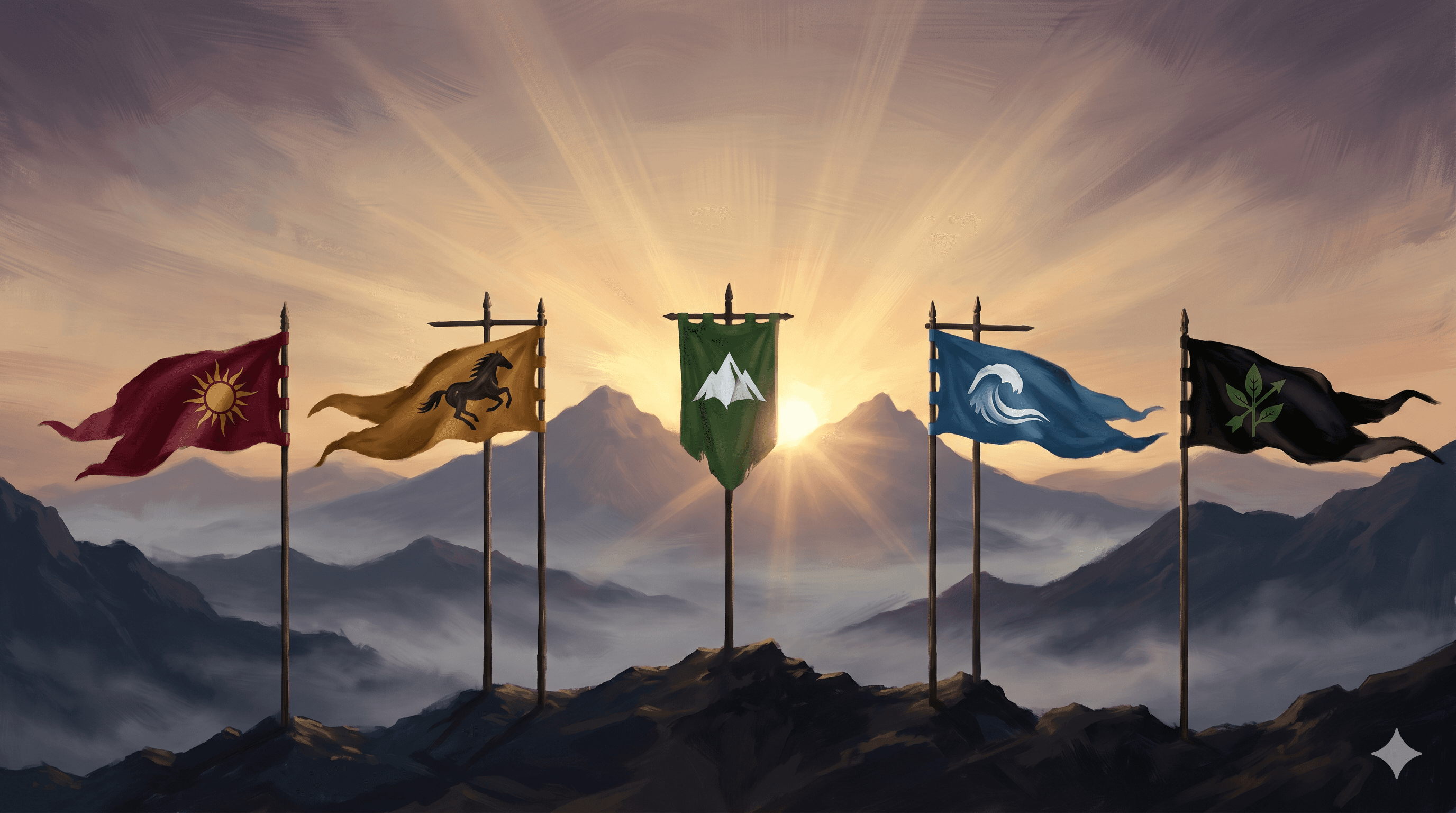 Five banners gathering at dawn